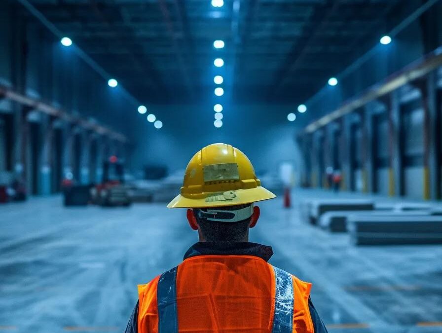 Construction worker in safety gear observing a spacious gym equipment maintenance facility, emphasizing safety and performance in fitness equipment installation.