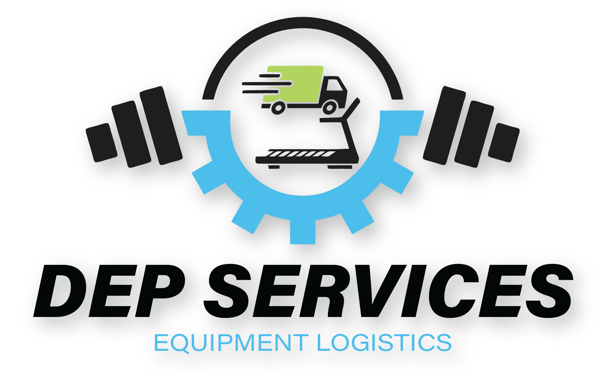 Logo of DEP Services featuring a delivery truck and fitness equipment, representing fitness equipment logistics and installation services.