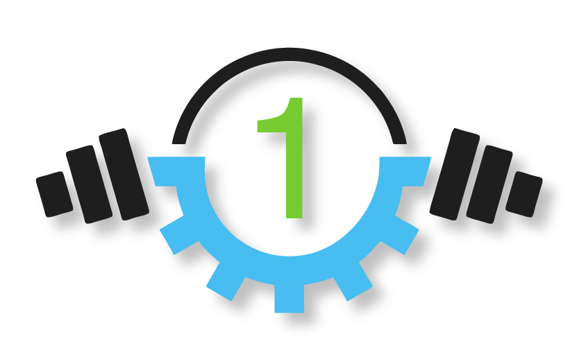 Fitness equipment repair logo featuring a gear and dumbbells with the number one, symbolizing premium service and maintenance for commercial facilities.