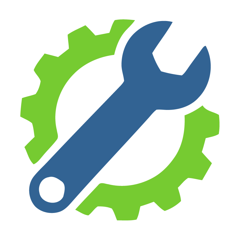 Fit Repair Pros logo featuring a blue wrench inside a green gear, symbolizing fitness equipment repair and maintenance services.