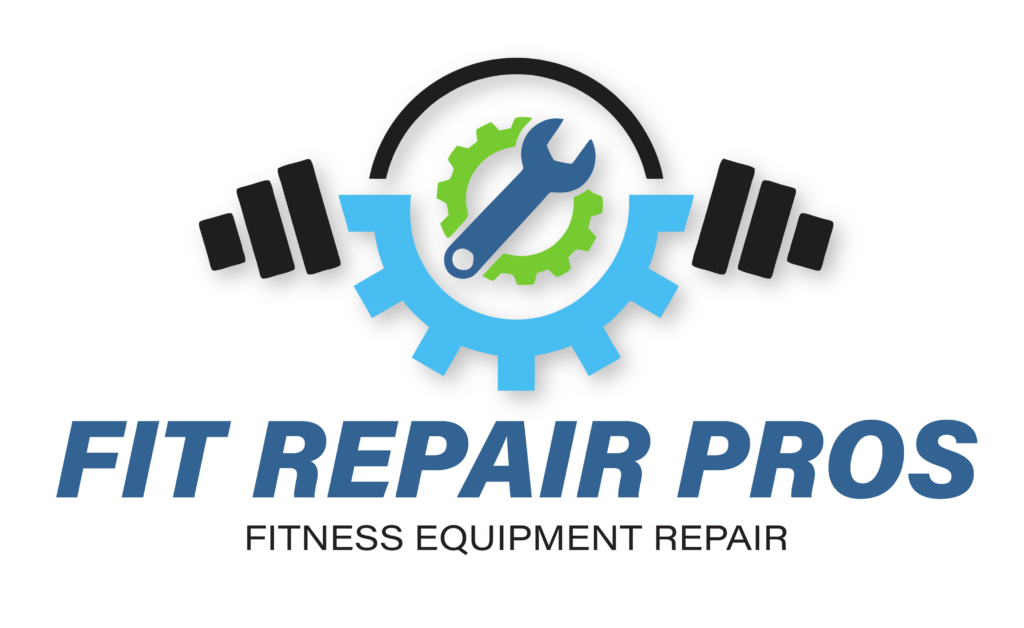 Fit Repair Pros logo featuring a wrench, gear, and dumbbells, representing fitness equipment repair services.