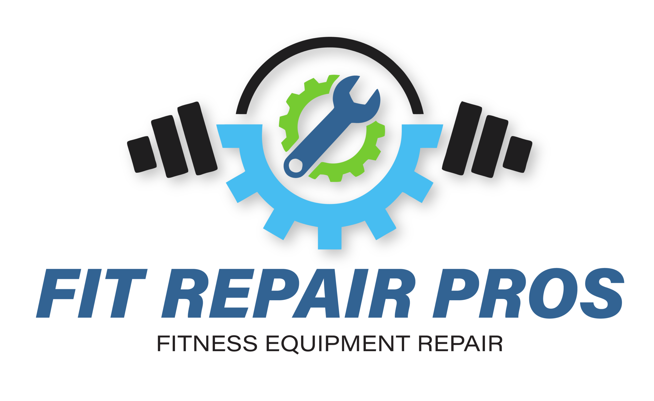 Fit Repair Pros logo featuring a gear, wrench, and dumbbells, representing fitness equipment repair services.
