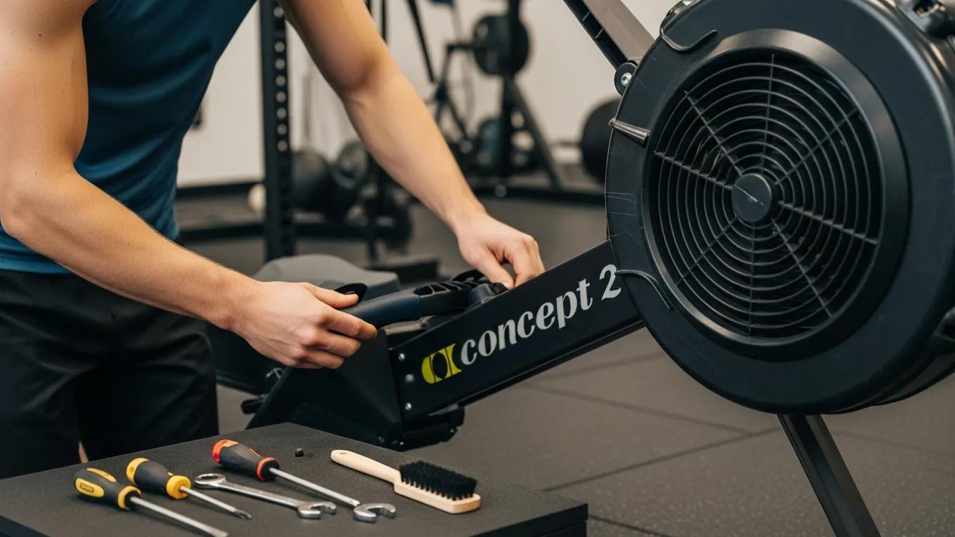 User performing preventive maintenance on a rowing machine, inspecting the resistance mechanism for wear and tear