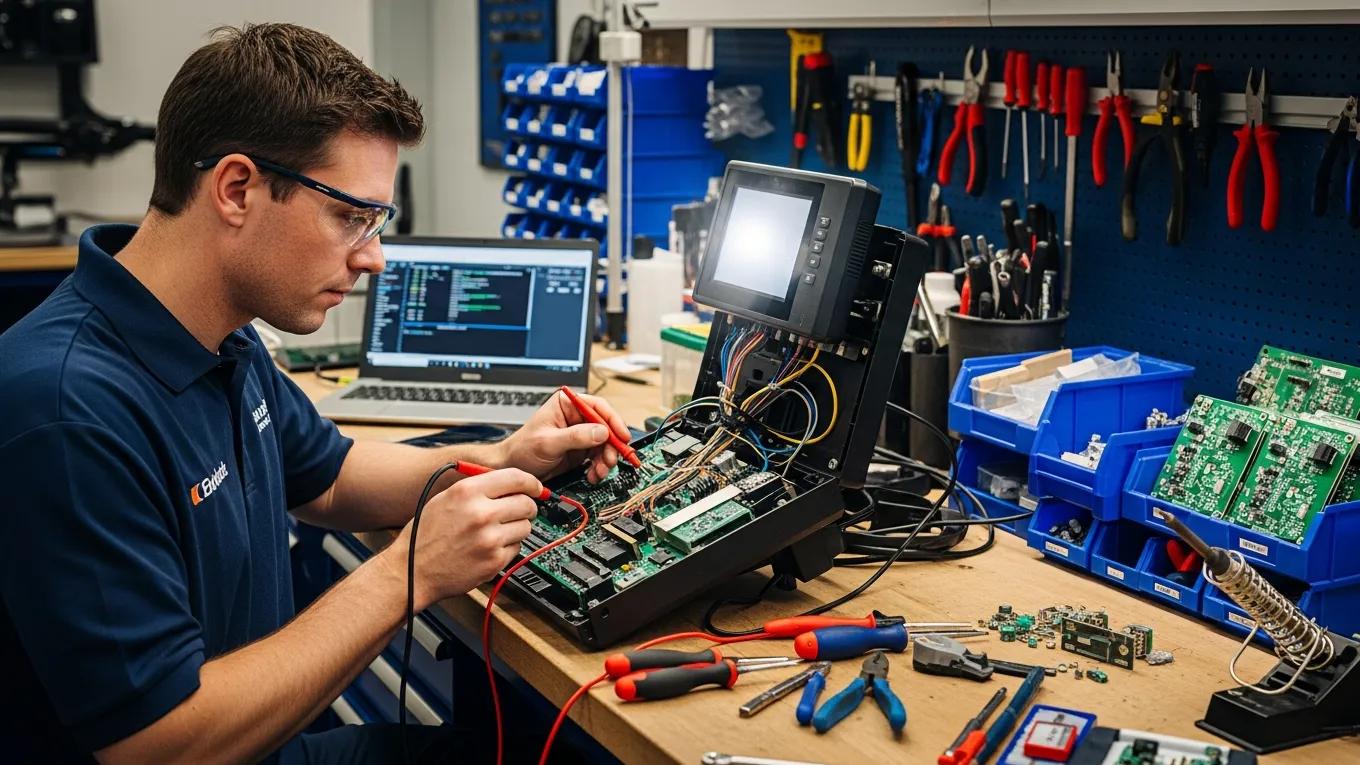Technician diagnosing a rowing machine console in a service workshop, emphasizing the importance of professional repair