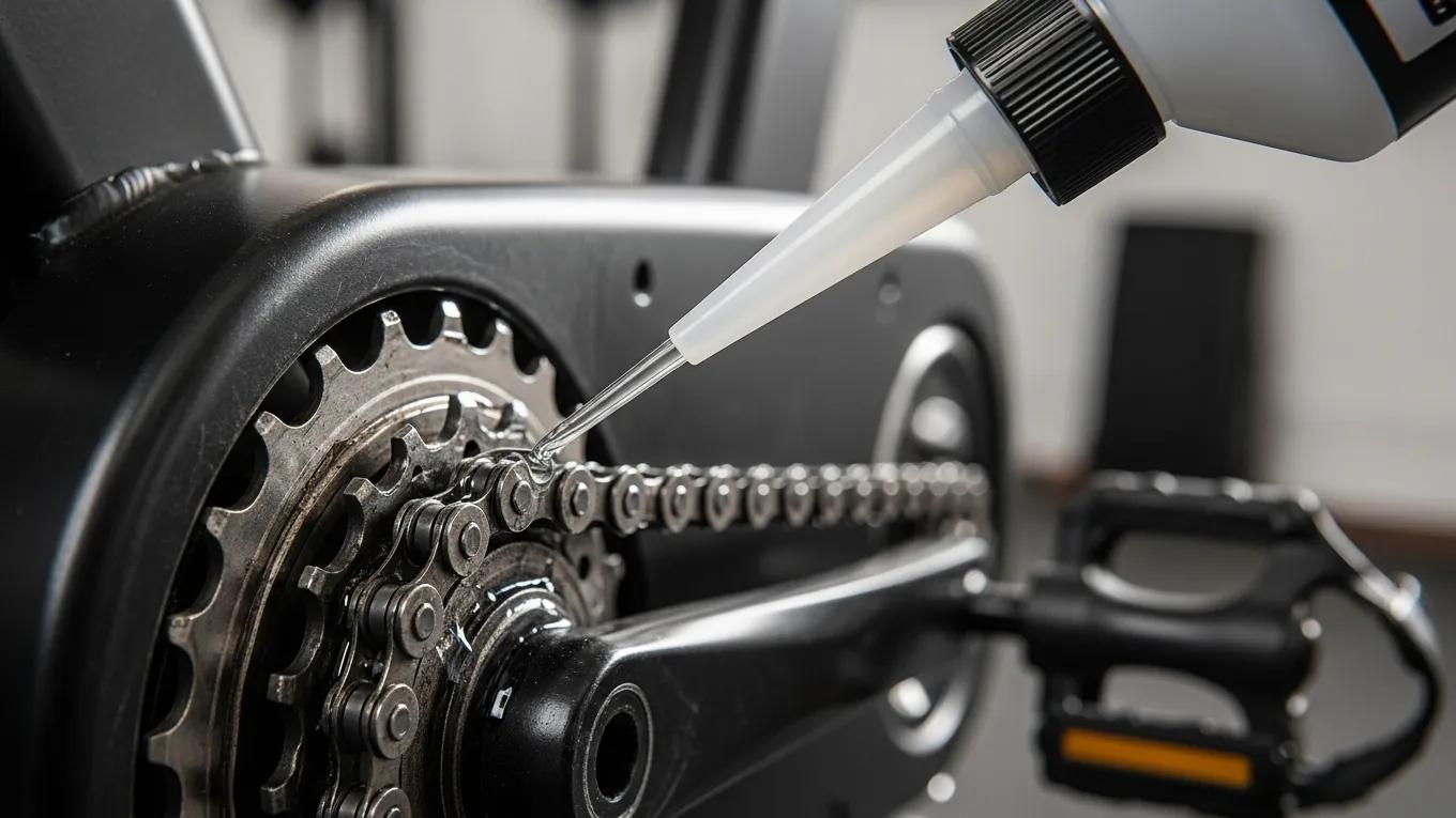 Close-up of applying lubricant to an exercise bike chain, illustrating proper lubrication methods for maintenance