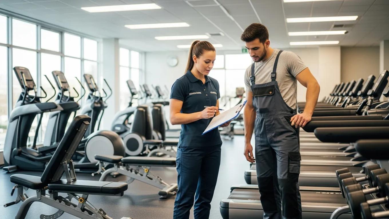 Gym manager and technician discussing preventive maintenance strategies for gym equipment.