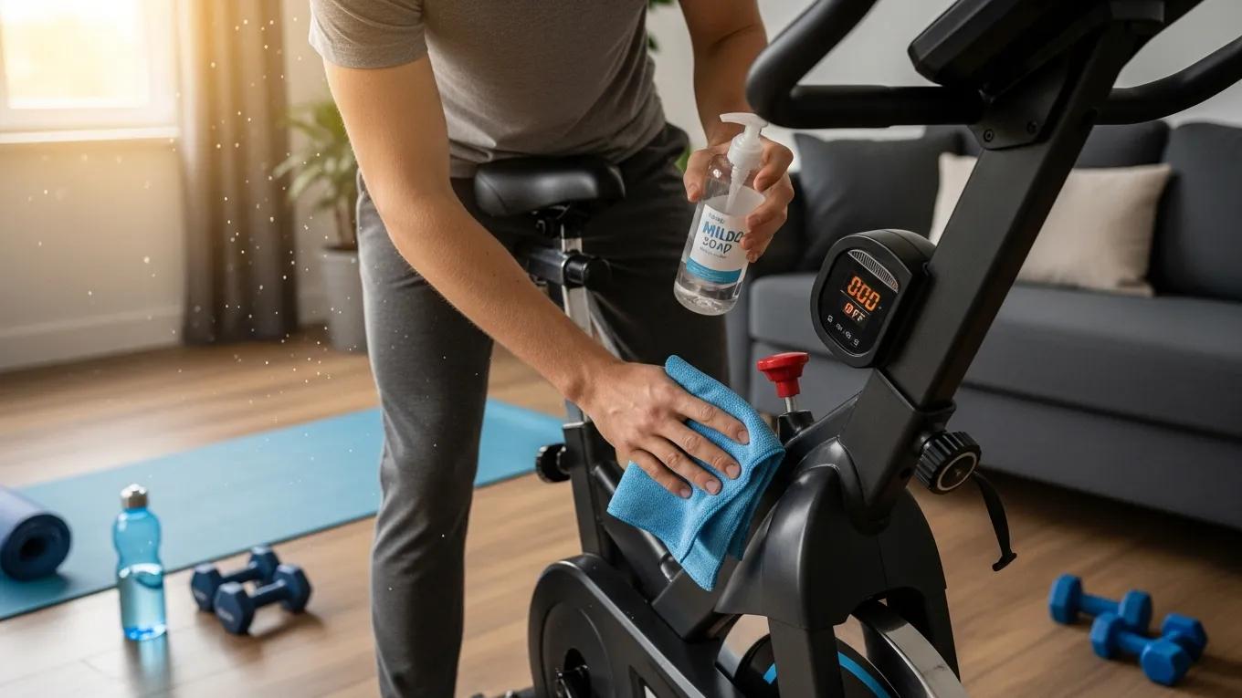 Individual cleaning an exercise bike with a microfiber cloth and mild soap, showcasing effective cleaning techniques
